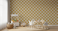 Golden ripple checks wallpaper wavy geometric pattern in warm tan and cream.
