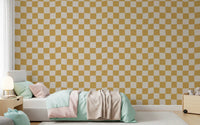 Kids bedroom accent wall with geometric golden ripple checks customizable wallpaper