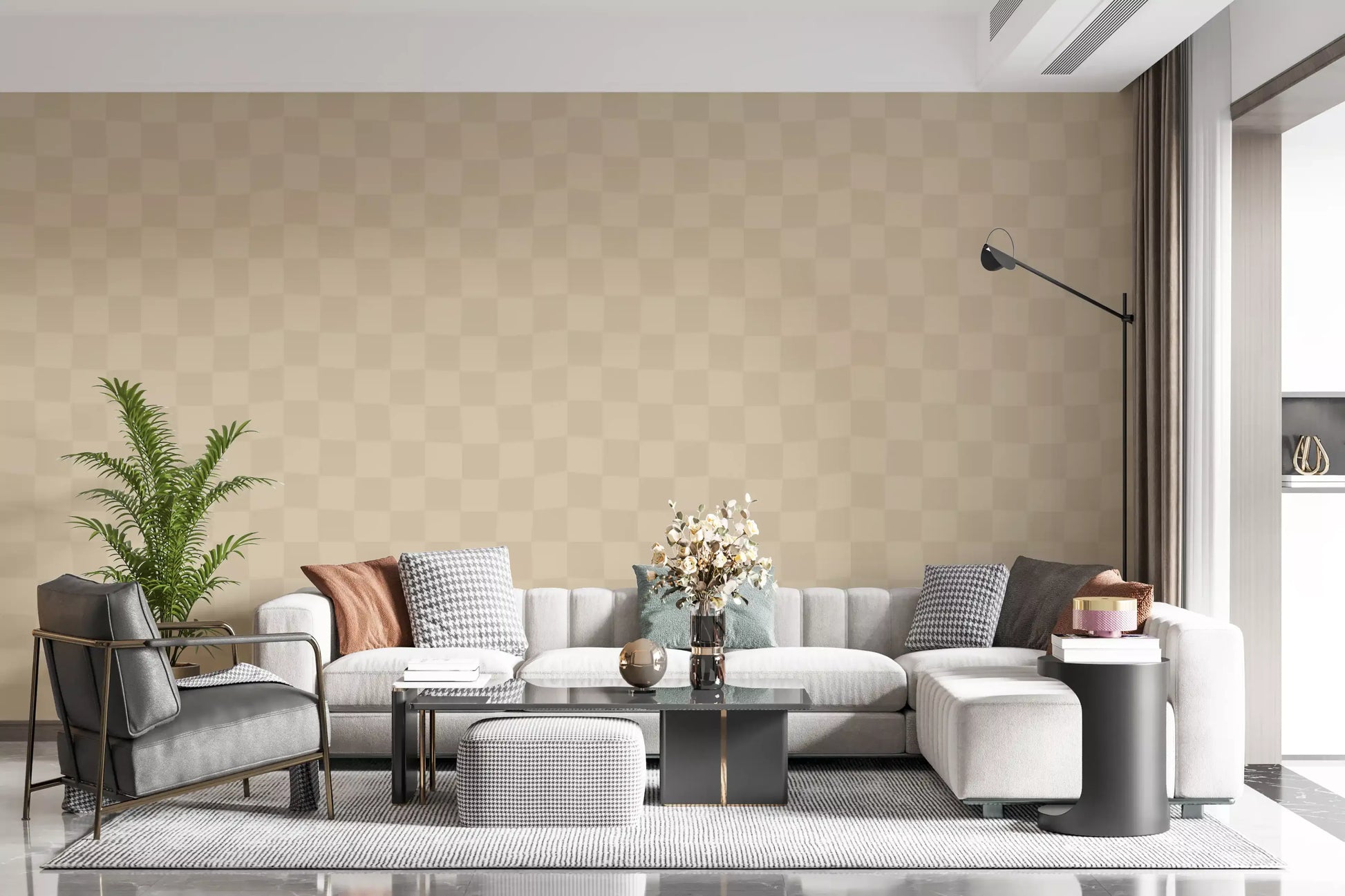 Neutral wavy checks wallpaper pattern repeat in cream and light brown., GD9805