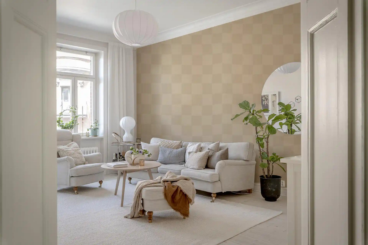 Beige checks wallpaper on living room wall in warm earthy tones., GD9805