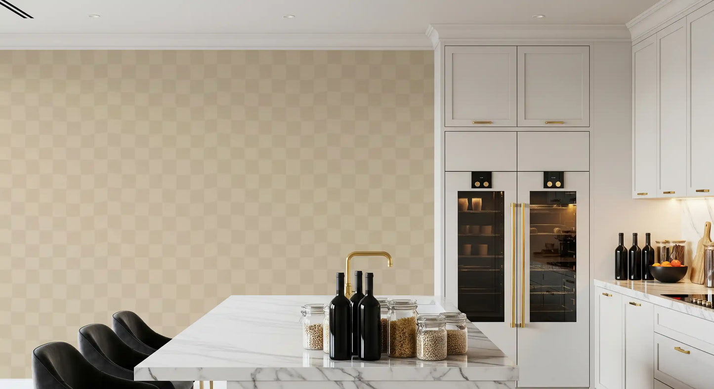 Warm beige geometric checks wallpaper in dining room., GD9805