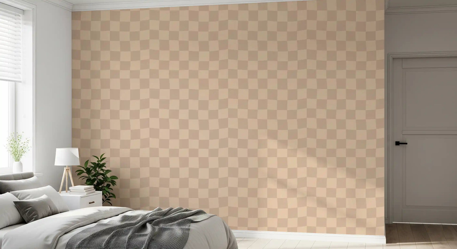 Softly warped check wallpaper pattern in two muted neutral tones.