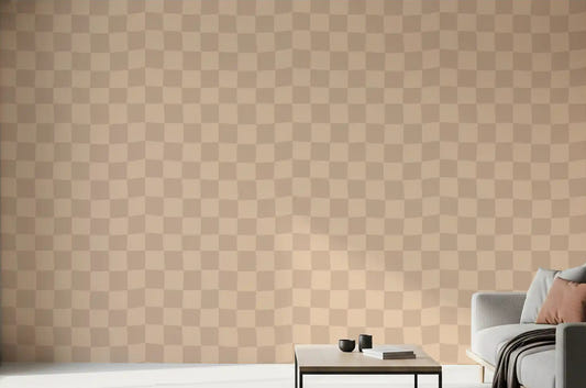 Muted wavy check wallpaper in warm beige tones on a living room wall.