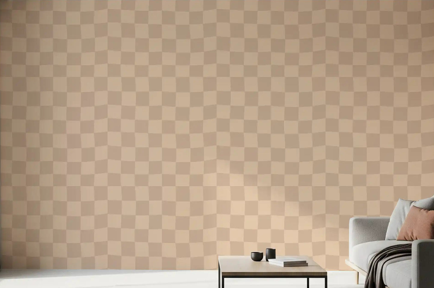 Muted wavy check wallpaper in warm beige tones on a living room wall.