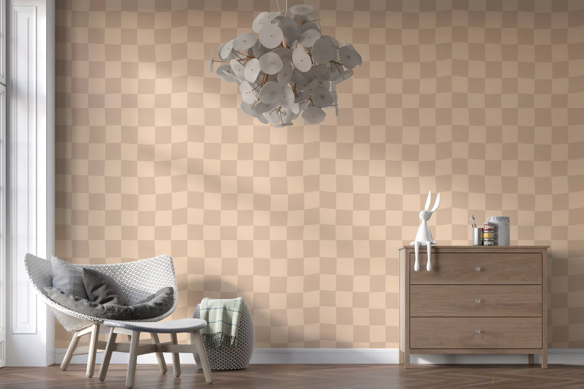 distorted checkerboard wallpaper in warm beige shades for hallway. 