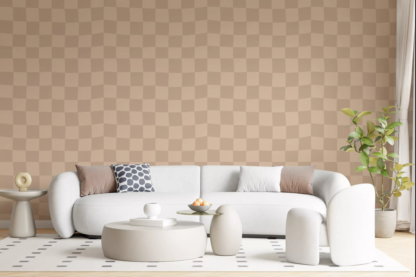 Soft distorted checkerboard wallpaper in a living room setting.
