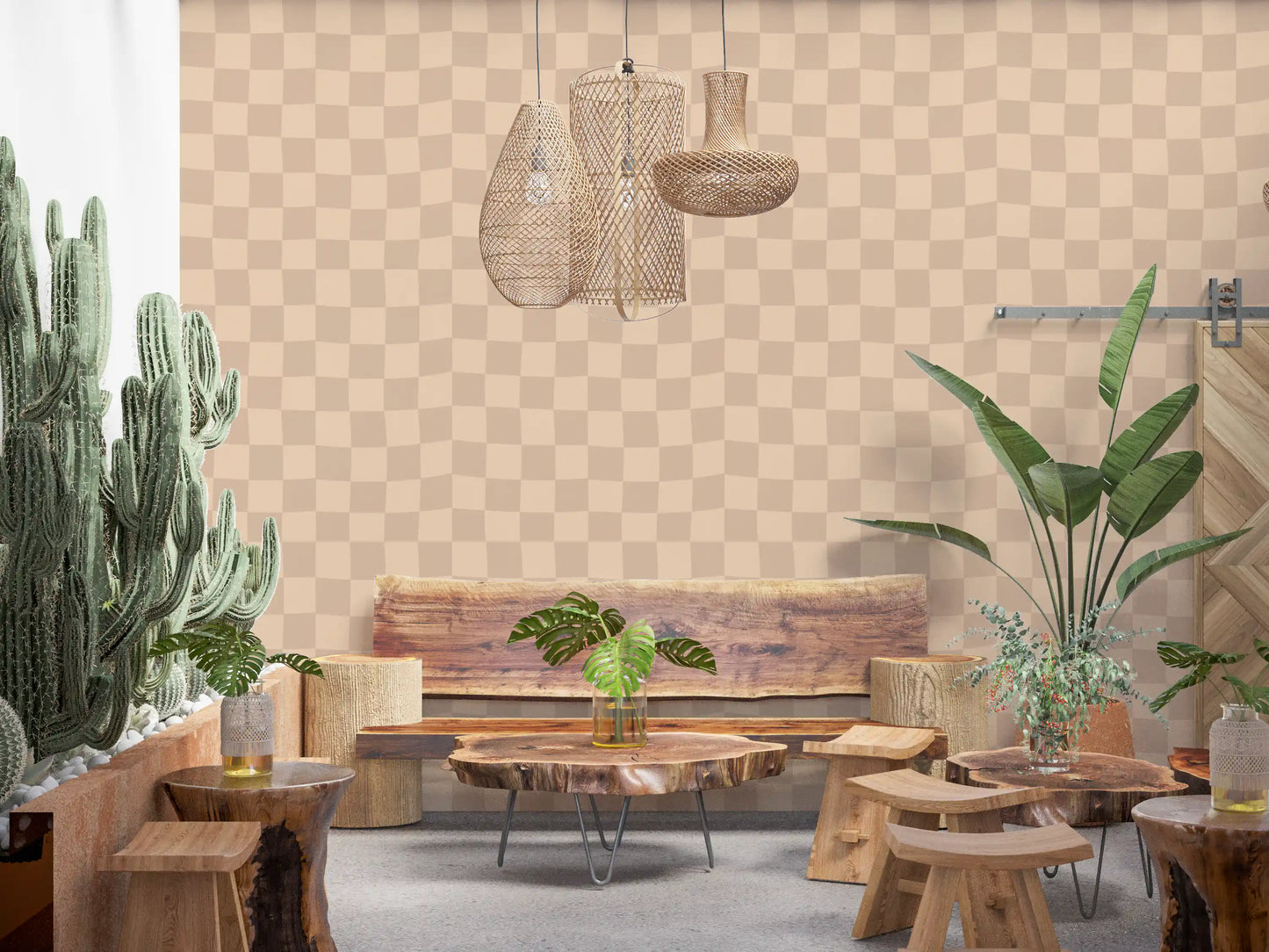 Beige wavy check wallpaper with an organic flowing grid pattern.