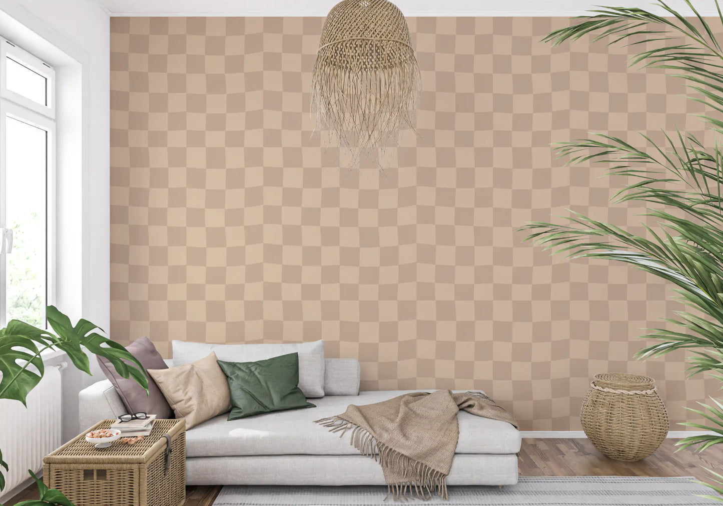 Two-tone muted check wallpaper in a sunlit living room.