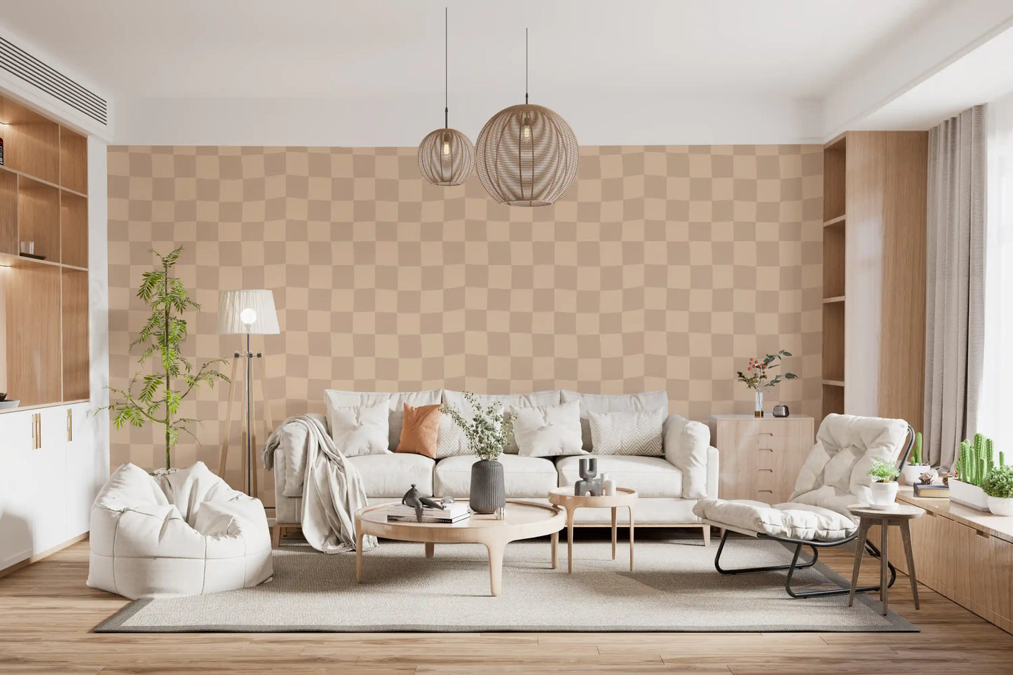 Muted wavy check wallpaper pattern in soft cream and tan tones.
