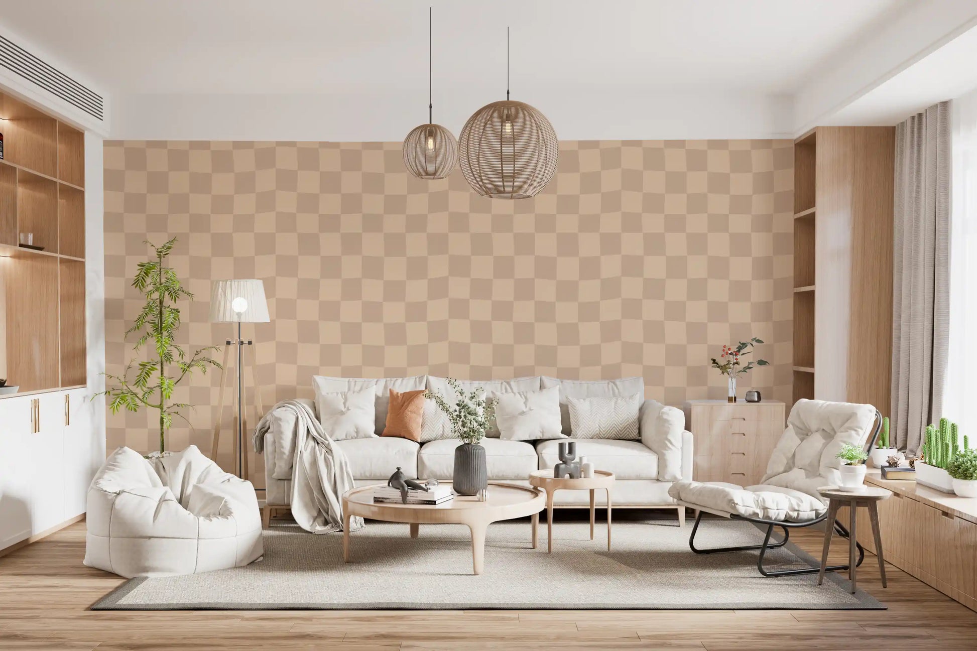 Muted wavy check wallpaper pattern in soft cream and tan tones.