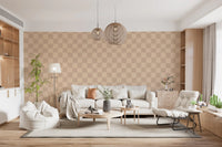 Muted wavy check wallpaper pattern in soft cream and tan tones.