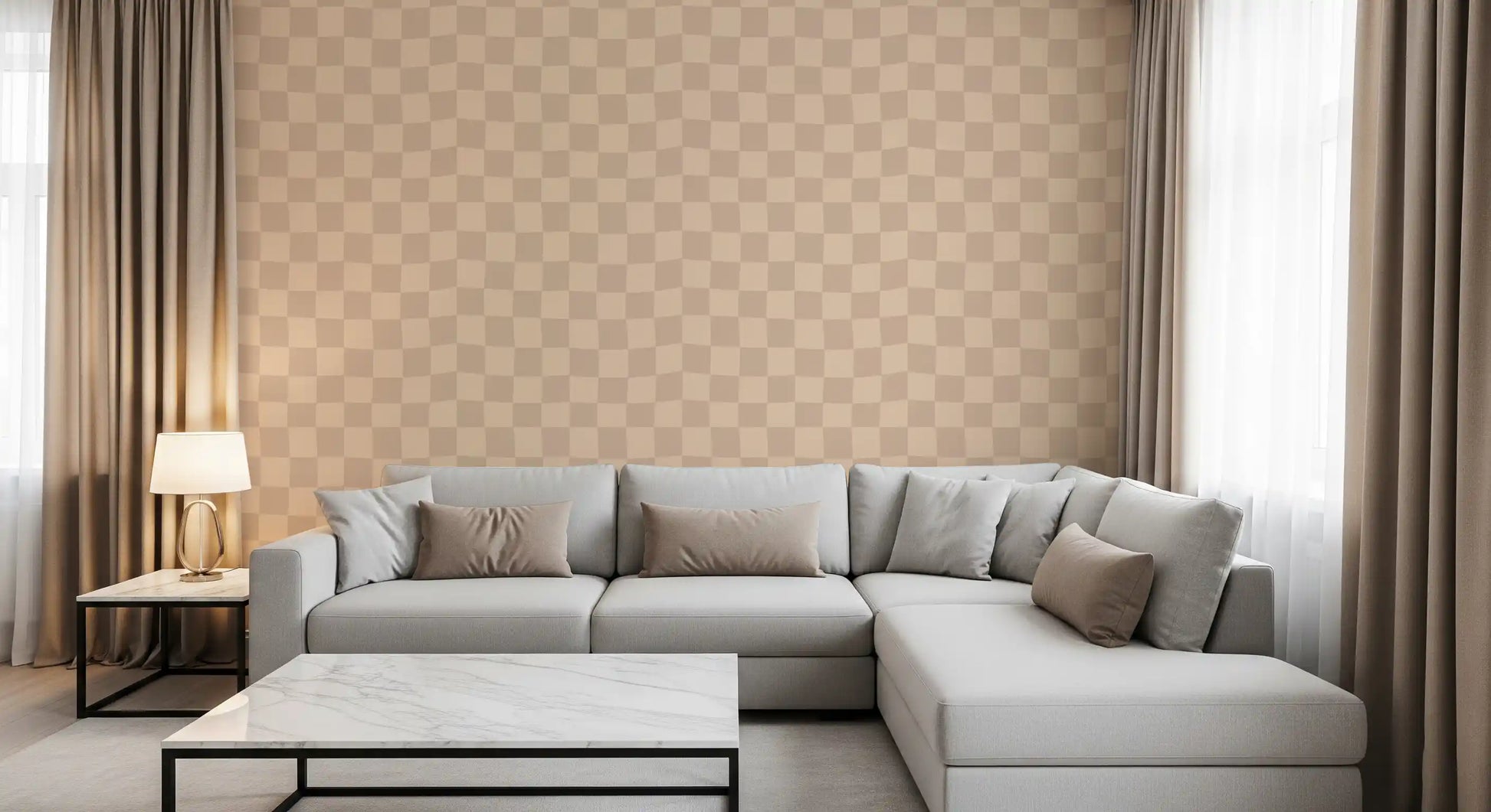 Abstract wavy checkerboard wallpaper on an bright living room backdrop.