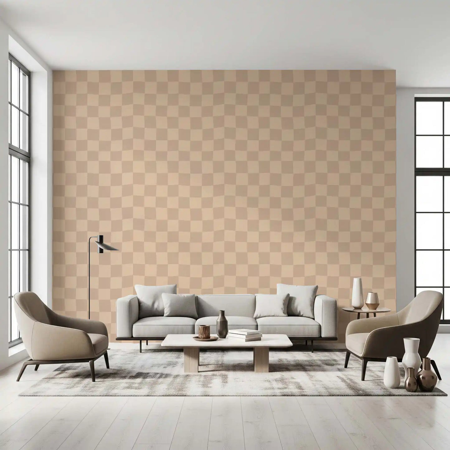 Wavy beige check wallpaper with checkerboard pattern  on a large hallway wall.