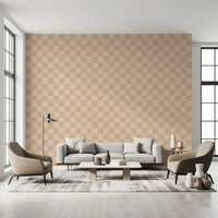 Wavy beige check wallpaper with checkerboard pattern  on a large hallway wall.