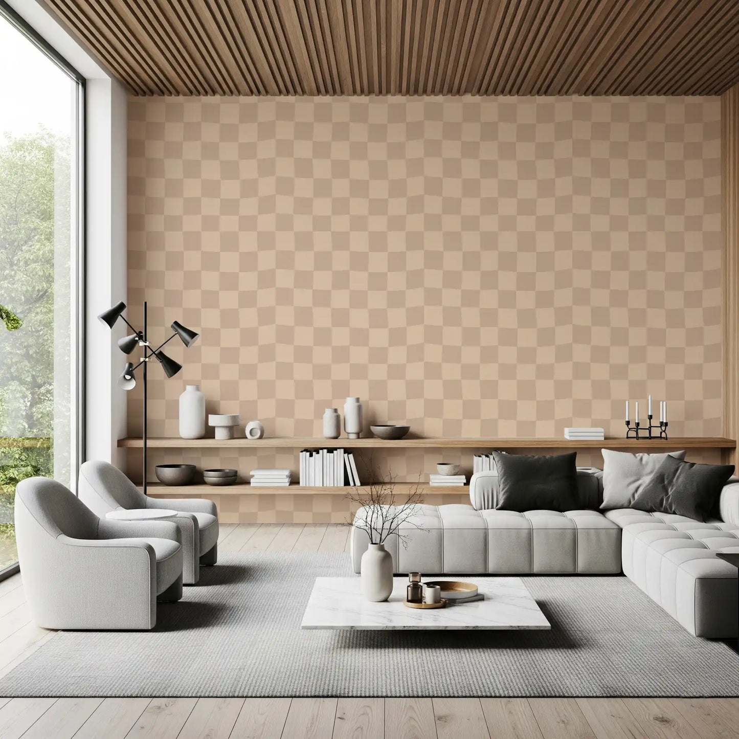 Geometric wavy grid wallpaper with a curved checkerboard design.
