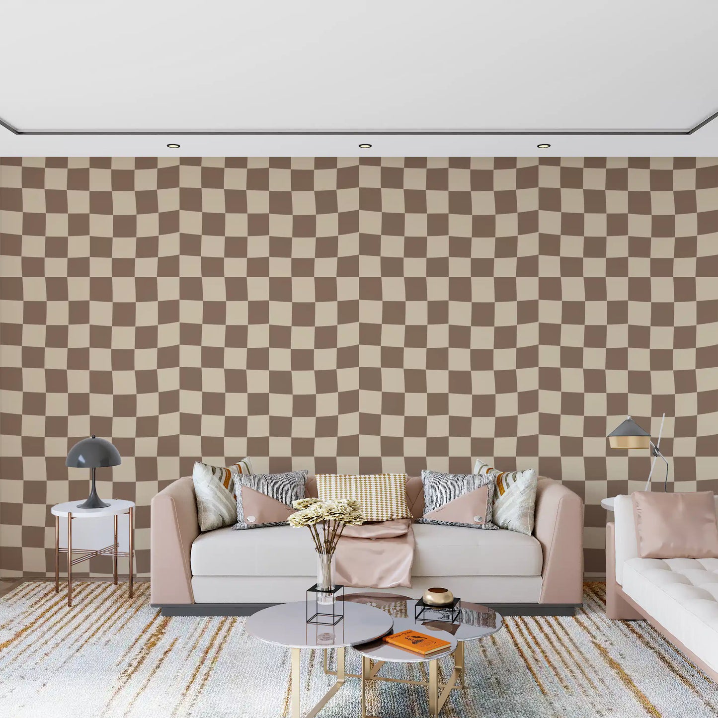 Beige wavy check wallpaper for living area walls with warm neutral tones.