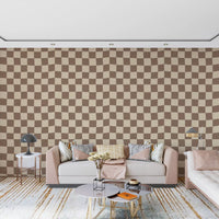 Beige wavy check wallpaper for living area walls with warm neutral tones.