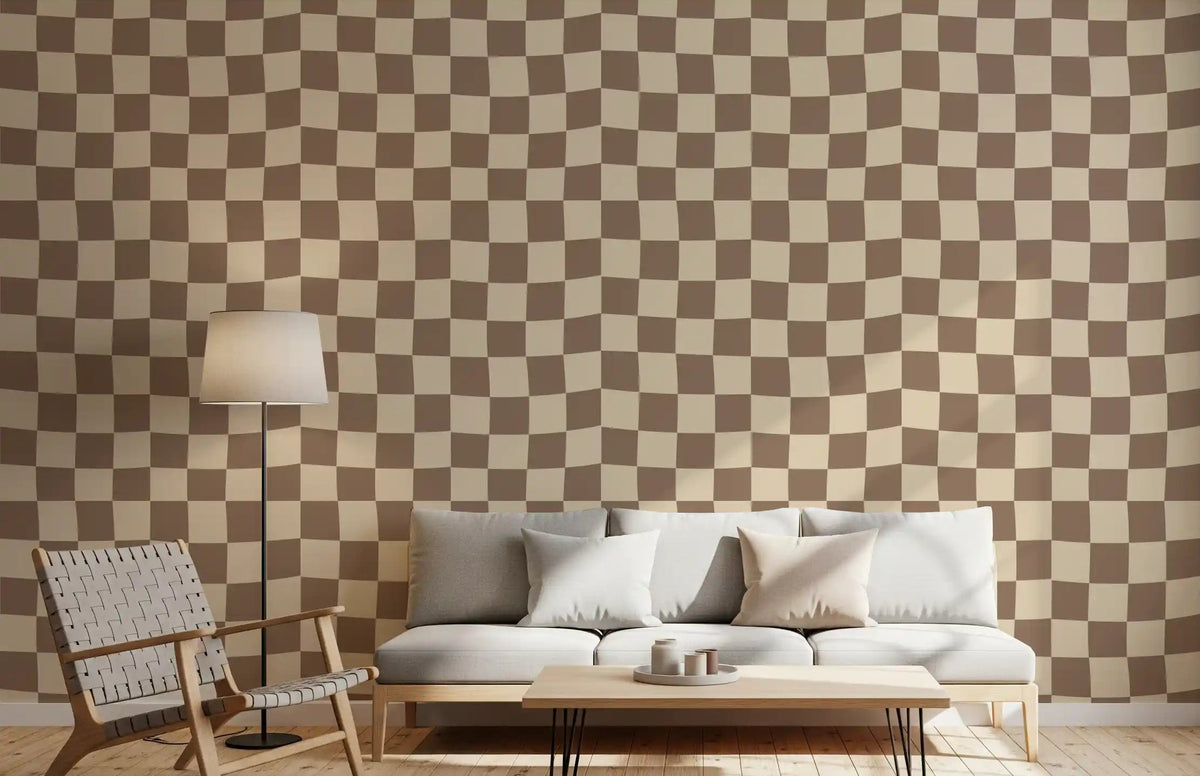 Preppy wavy check pattern wallpaper in neutral beige and taupe., GD9807