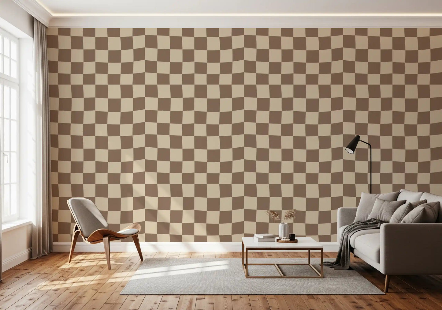Distorted checkerboard wallpaper in taupe and cream for large living room.