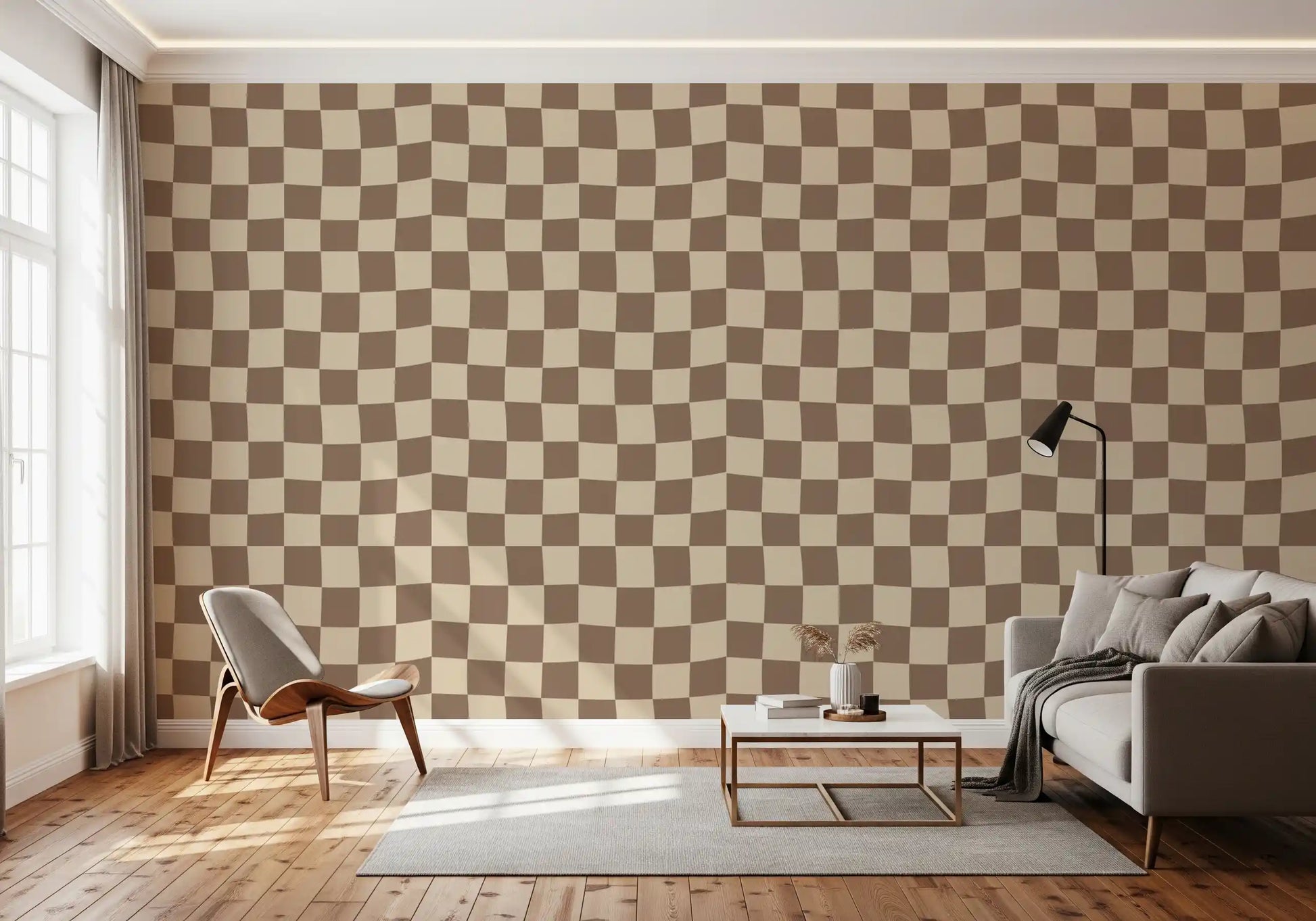 Distorted checkerboard wallpaper in taupe and cream for large living room.