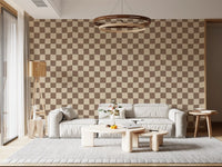 Wavy check wallpaper for living room accent wall in cream and brown.