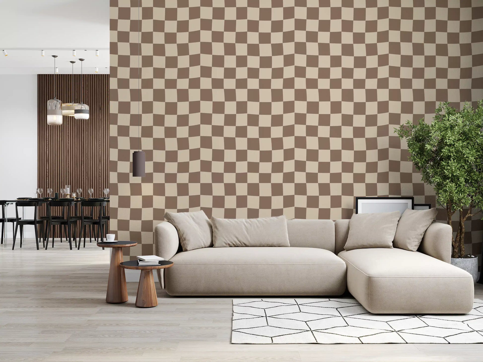 Wavy beige check wallpaper showing pattern and texture detail. 