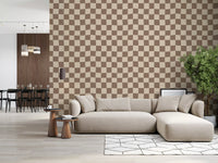 Wavy beige check wallpaper showing pattern and texture detail. 