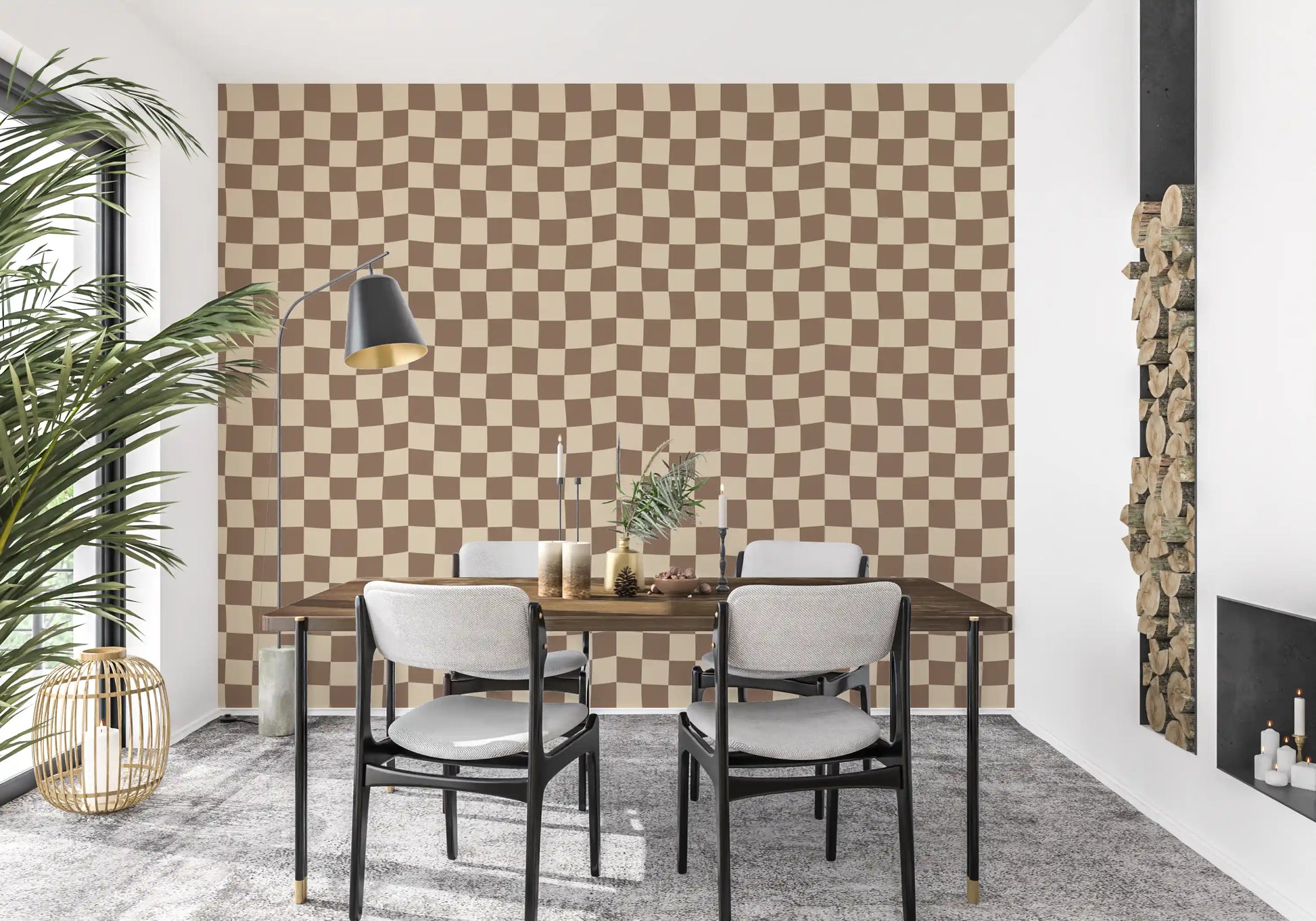 Wavy check wallpaper in beige and taupe tones for dining room walls. 