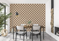 Wavy check wallpaper in beige and taupe tones for dining room walls. 