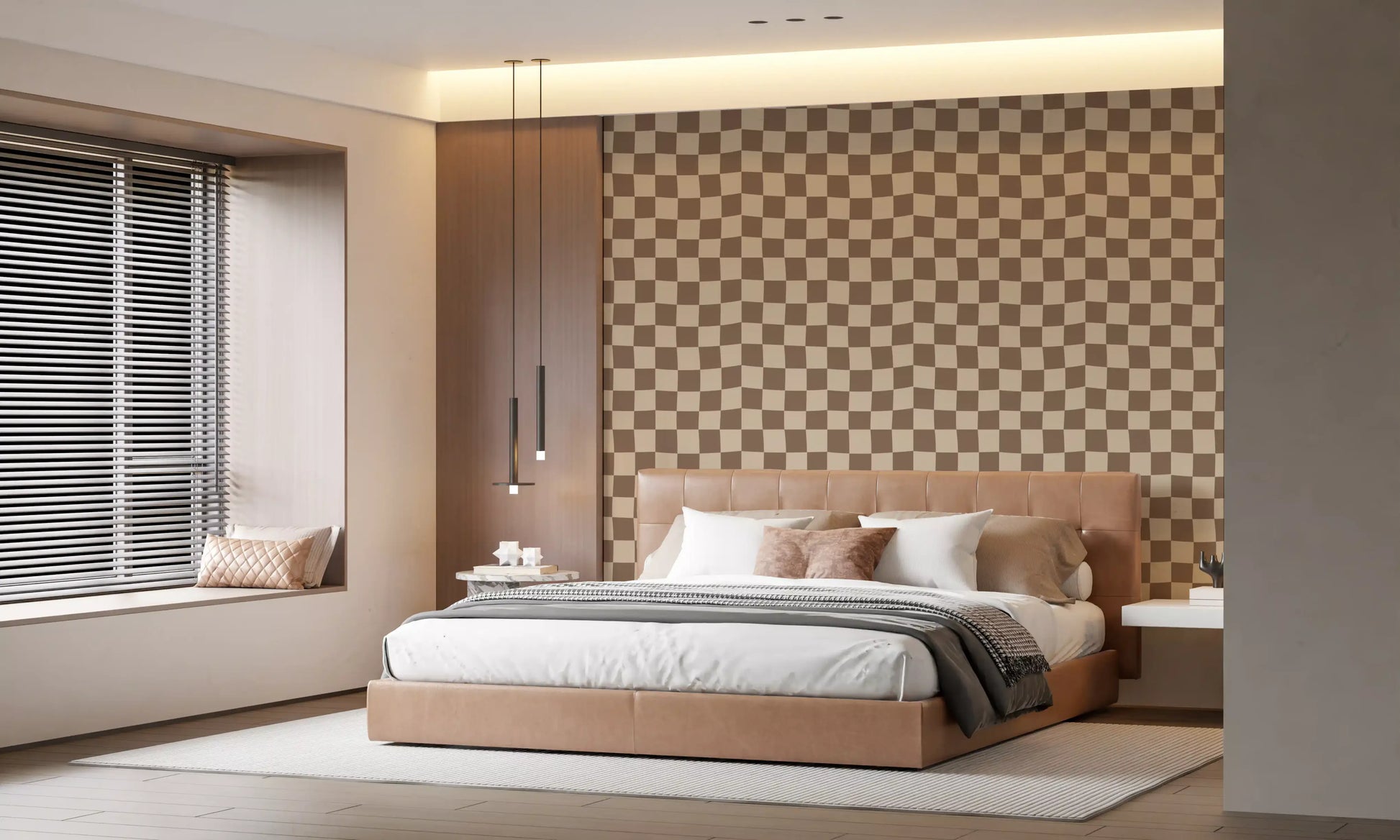 Modern wavy check wallpaper in warm beige for bedroom accent wall.