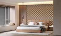 Modern wavy check wallpaper in warm beige for bedroom accent wall.