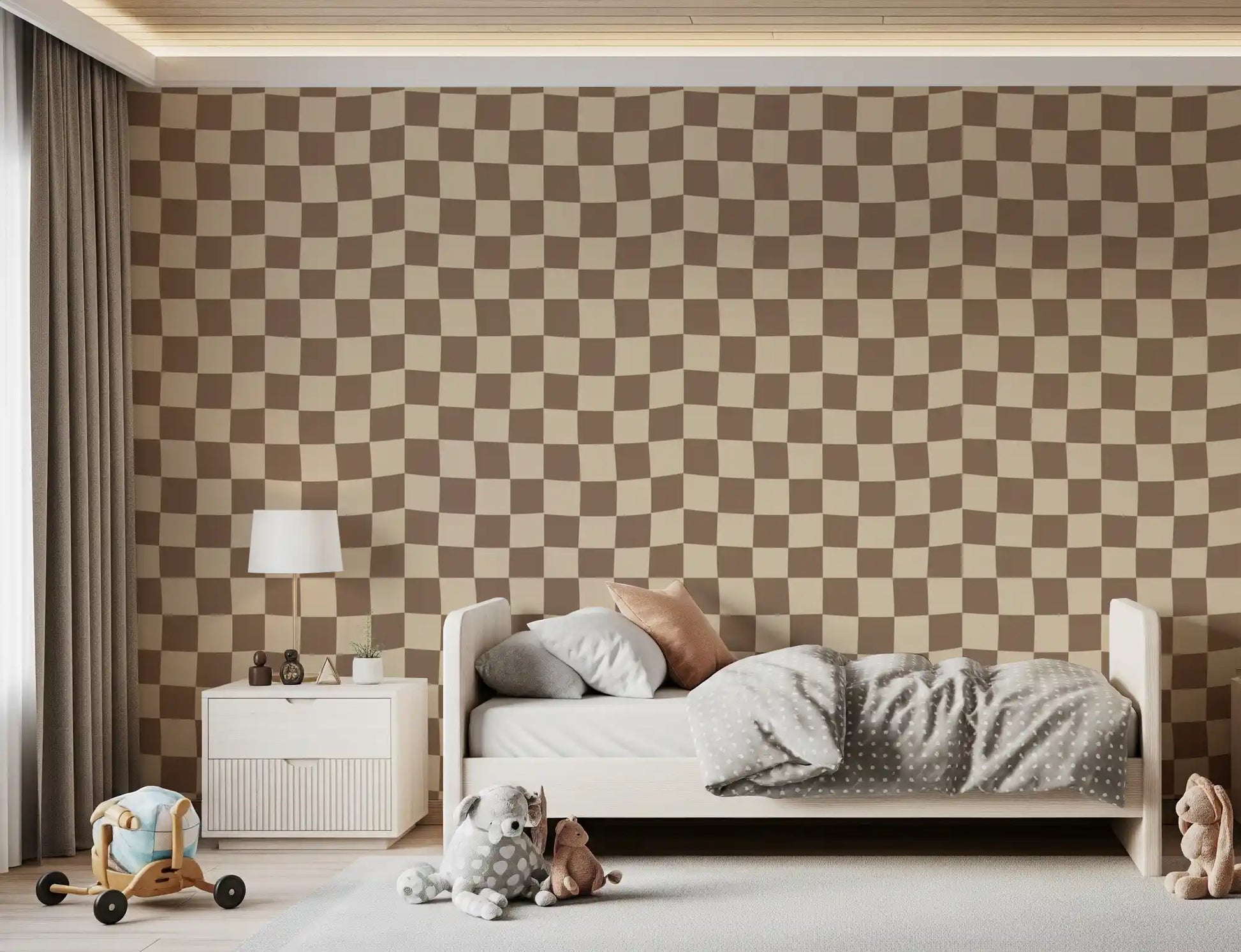 Wavy geometric check wallpaper in cream and taupe for kids bedroom.
