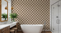 Neutral wavy check wallpaper for bathroom walls in beige and brown.