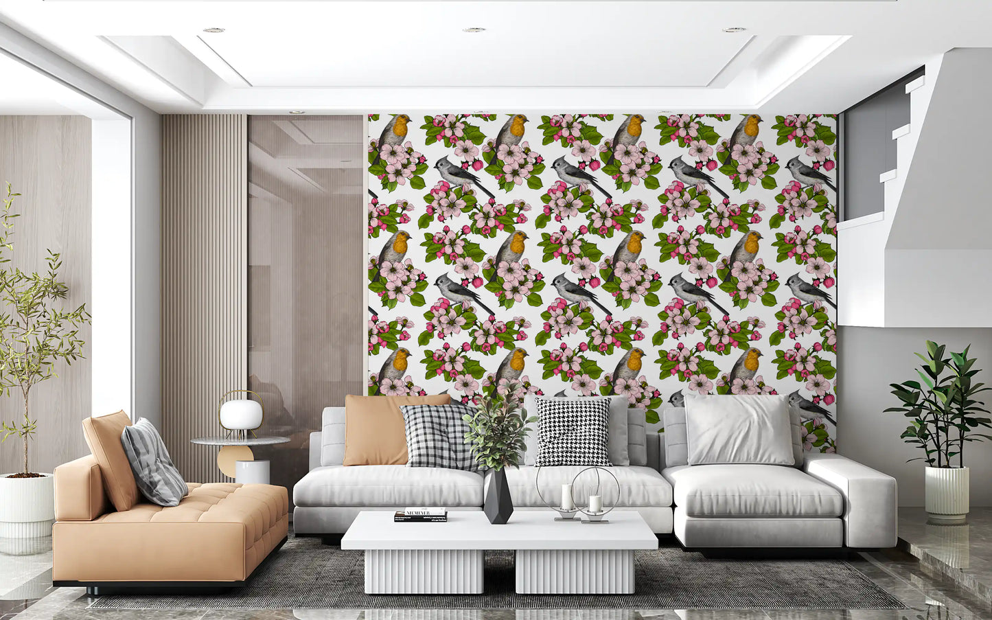 Living room wall with birds and pink blossoms wallpaper on white base.