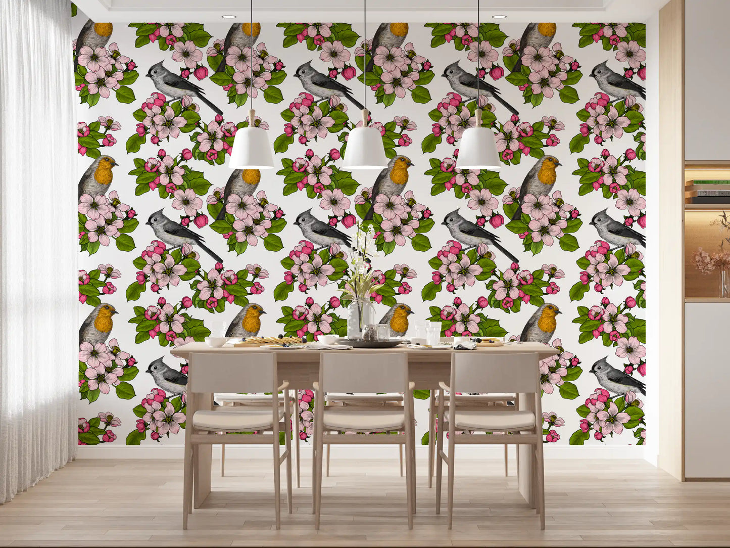 Dining area wall featuring bird and floral blossom repeat pattern wallpaper.