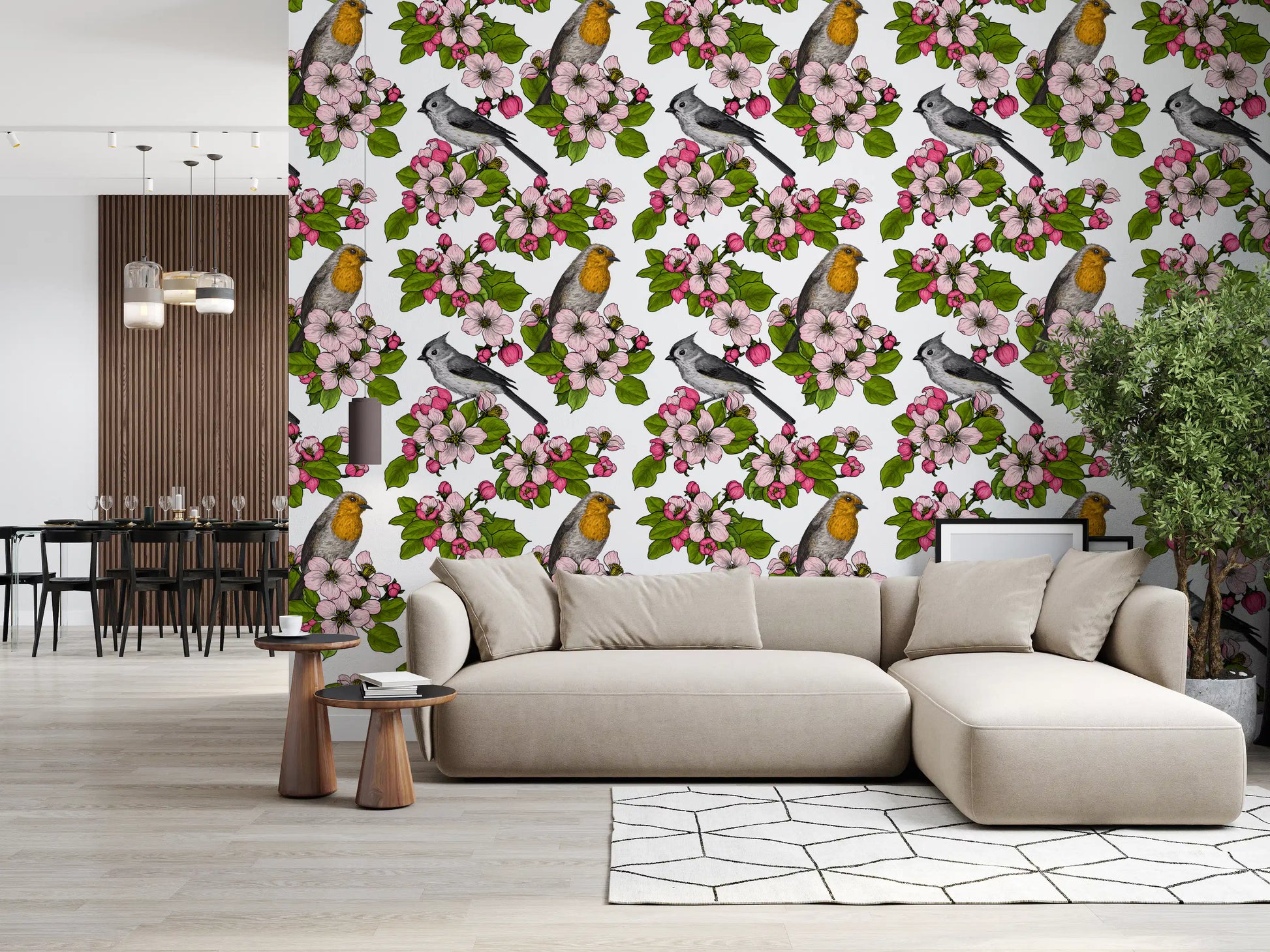 Pink cherry blossom and bird botanical pattern wallpaper on white base.