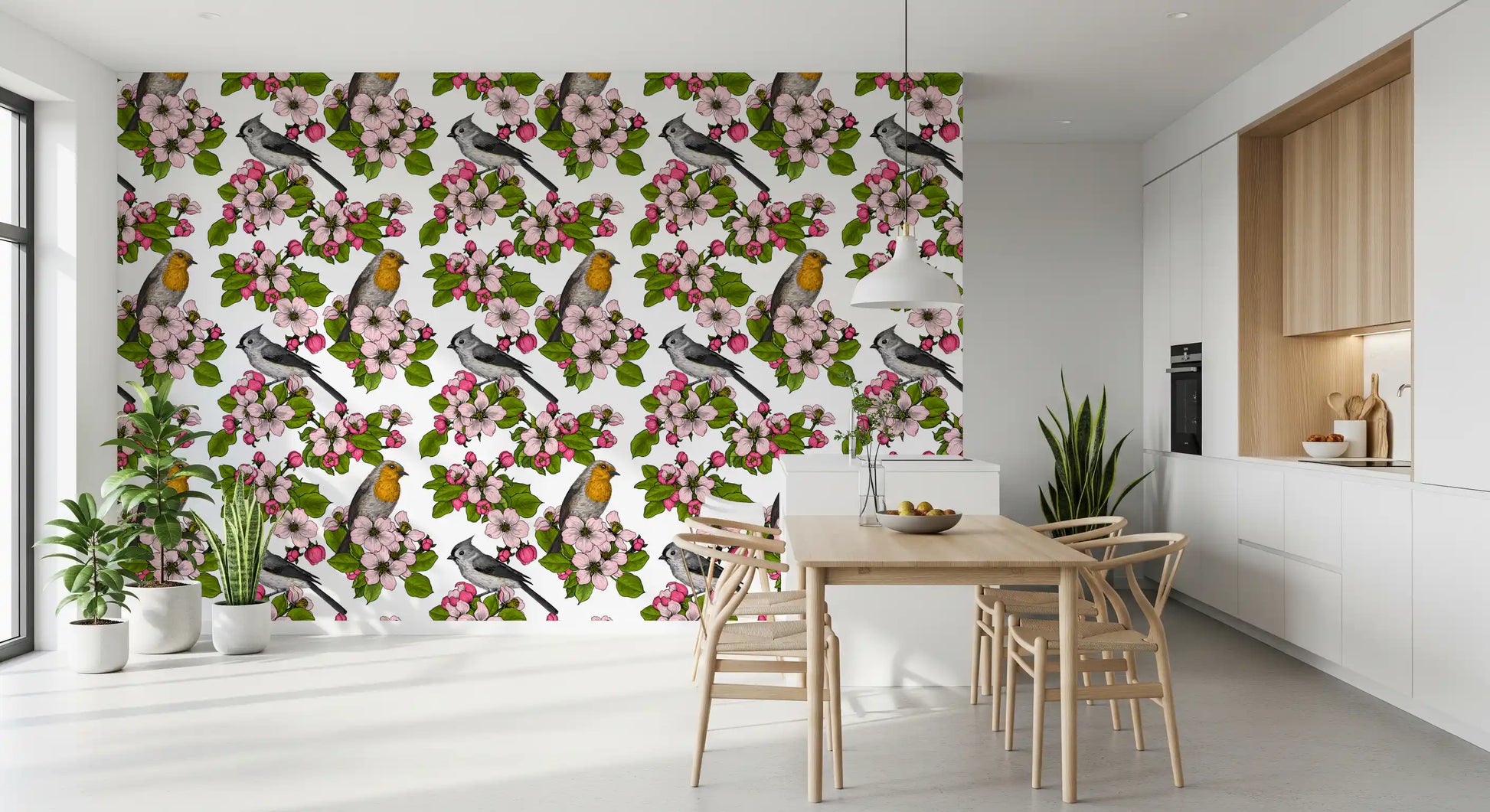 Robin and titmouse illustrated on flowering branch blossom wallpaper.