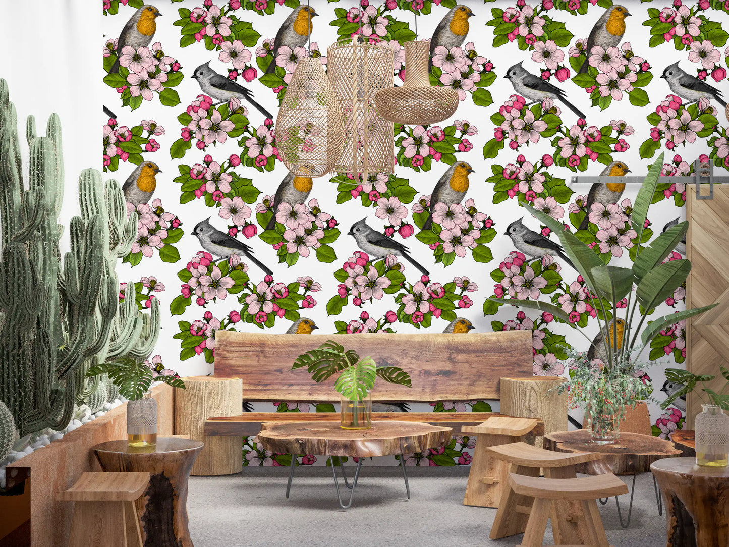 Floral bird repeat pattern with buds and blossoms on white wallpaper.