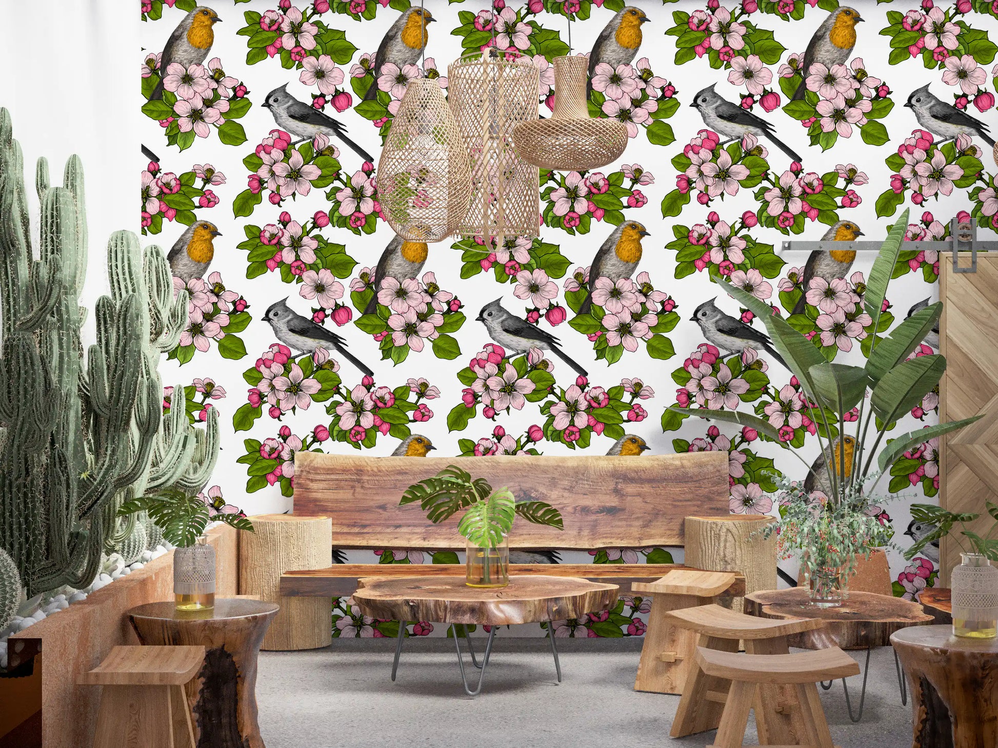 Floral bird repeat pattern with buds and blossoms on white wallpaper.