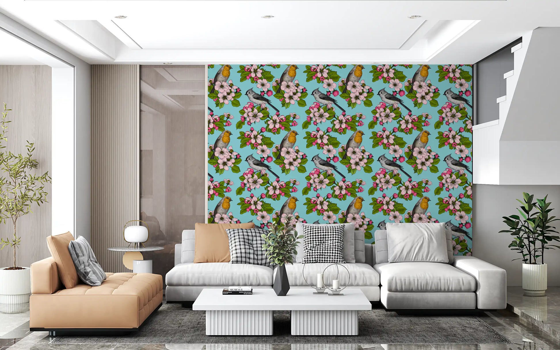 Full repeat pattern of birds and blossoms wallpaper with robin titmouse and pink floral clusters.