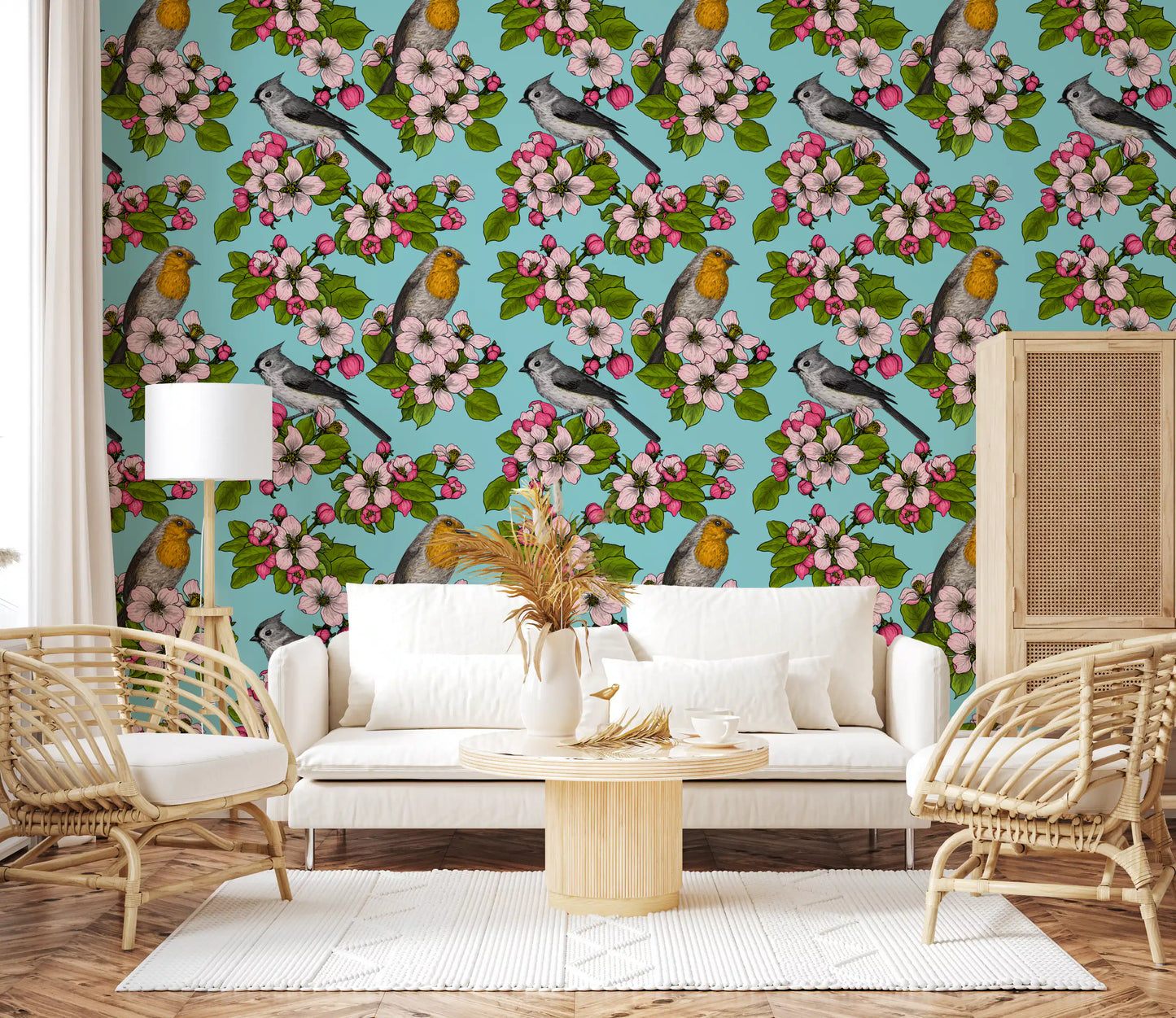 Birds and blossoms wallpaper showing robin with amber breast and pink blooms. 