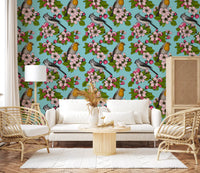 Birds and blossoms wallpaper showing robin with amber breast and pink blooms. 