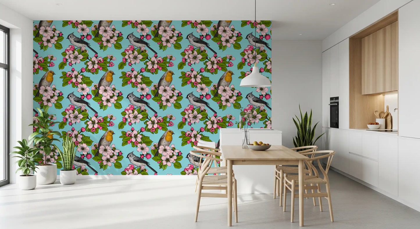 Dining room wall with birds and blossoms nature repeat pattern wallpaper.
