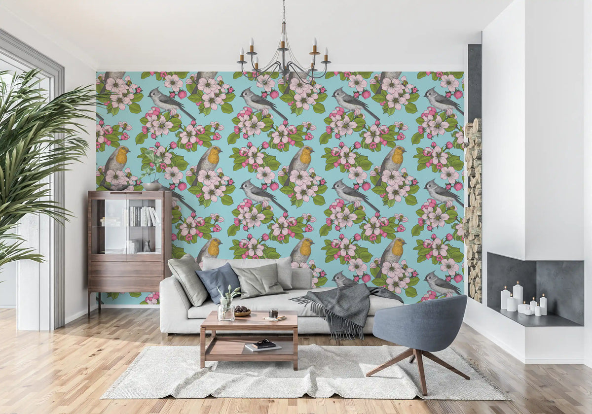 Living room wall featuring robin and titmouse cherry blossom wallpaper., GD9809