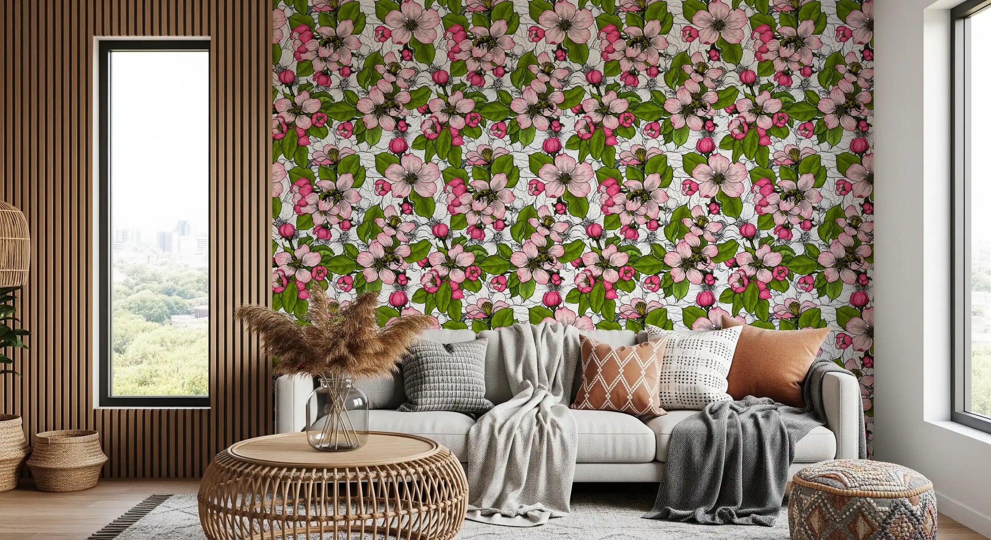 Apple blossom wallpaper showing bee detail among pink petals and green leaves., GD9810