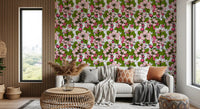 Apple blossom wallpaper showing bee detail among pink petals and green leaves., GD9810