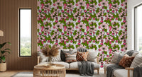 Botanical floral wallpaper showing pink apple blossom flowers and deep magenta buds., GD9810