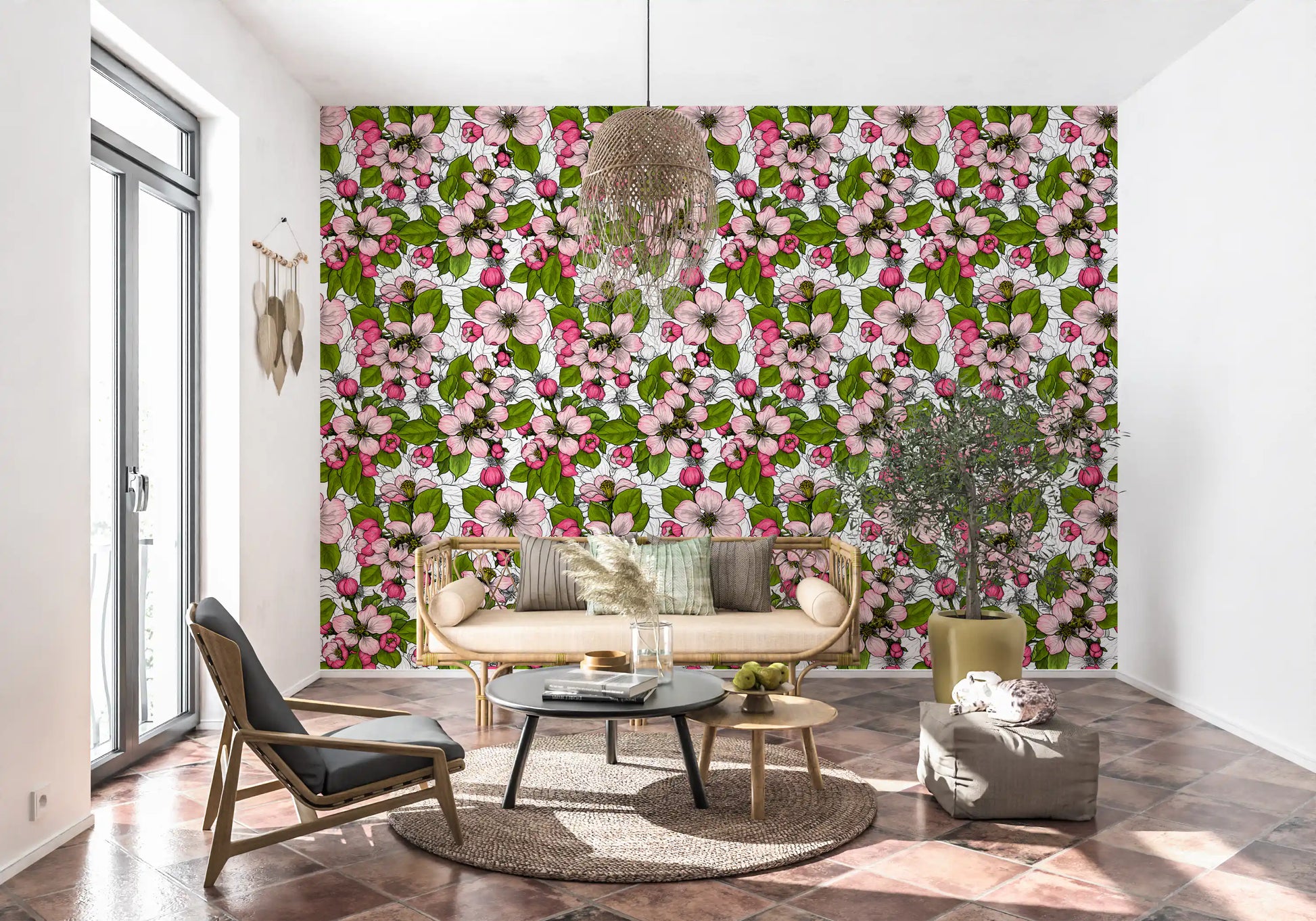 Apple blossom repeat pattern wallpaper with pink blooms and green leaves on white background., GD9810