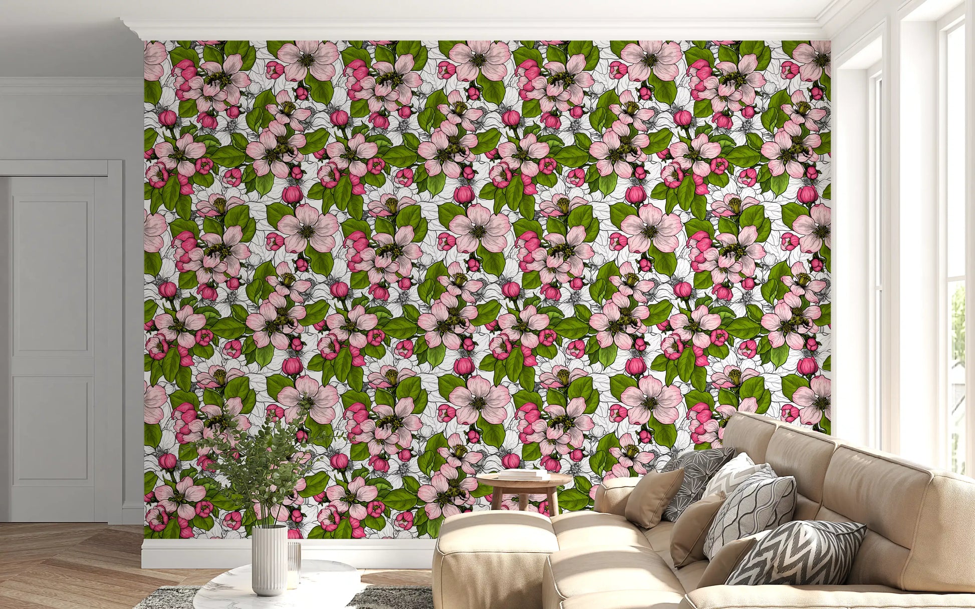 Living room feature wall covered in apple blossom botanical wallpaper in pink and white., GD9810