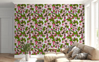 Living room feature wall covered in apple blossom botanical wallpaper in pink and white., GD9810